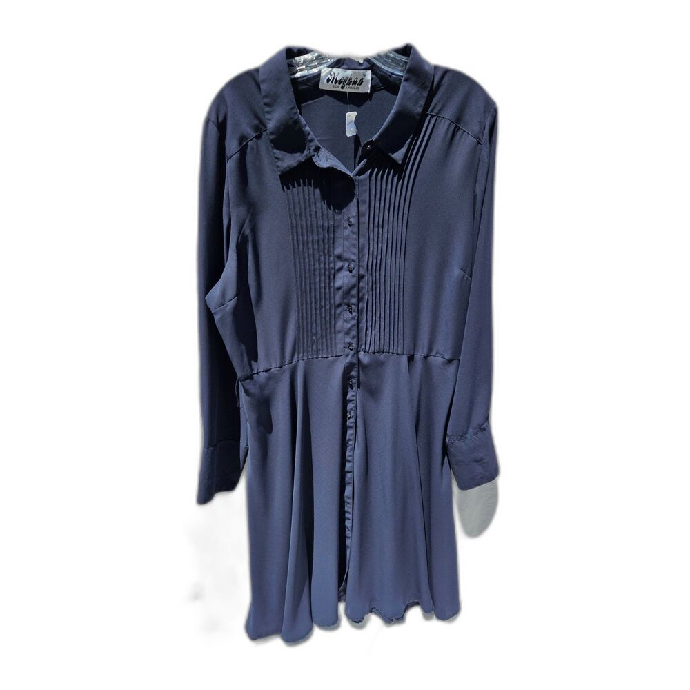 Meghan Los Angeles Navy Blue Long Sleeve Pintuck Pleated Shirtdress Large NWT